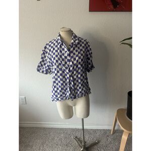 Holiday by Emma Mulholland Women's White and Blue Button Up Shirt